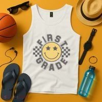 First Grade Star Smile Checker Back To School Retro Tank Top thumb 4