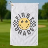 First Grade Star Smile Checker Back To School Retro Golf Towel thumb 1