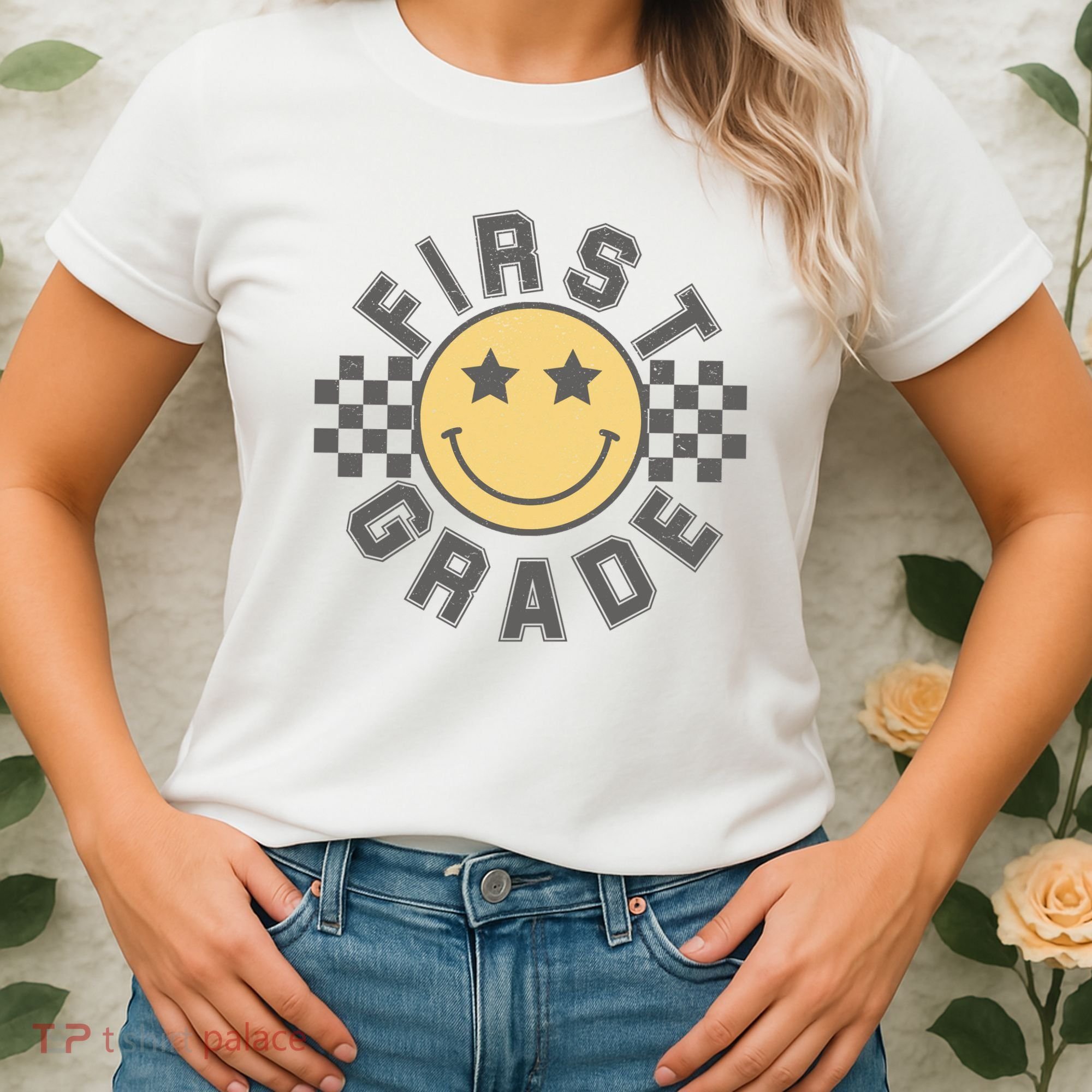 First Grade Star Smile Checker Back To School Retro Women's T-Shirt