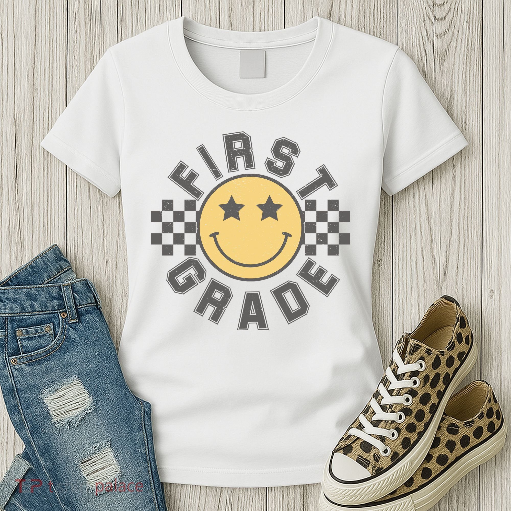 First Grade Star Smile Checker Back To School Retro Women's T-Shirt