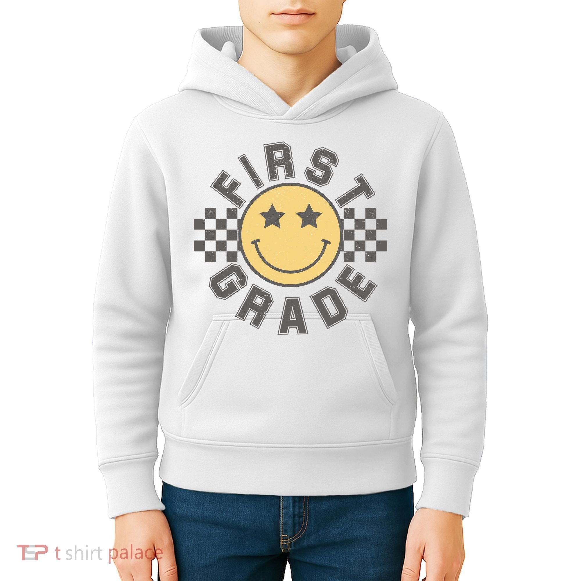 First Grade Star Smile Checker Back To School Retro Kids Hoodie