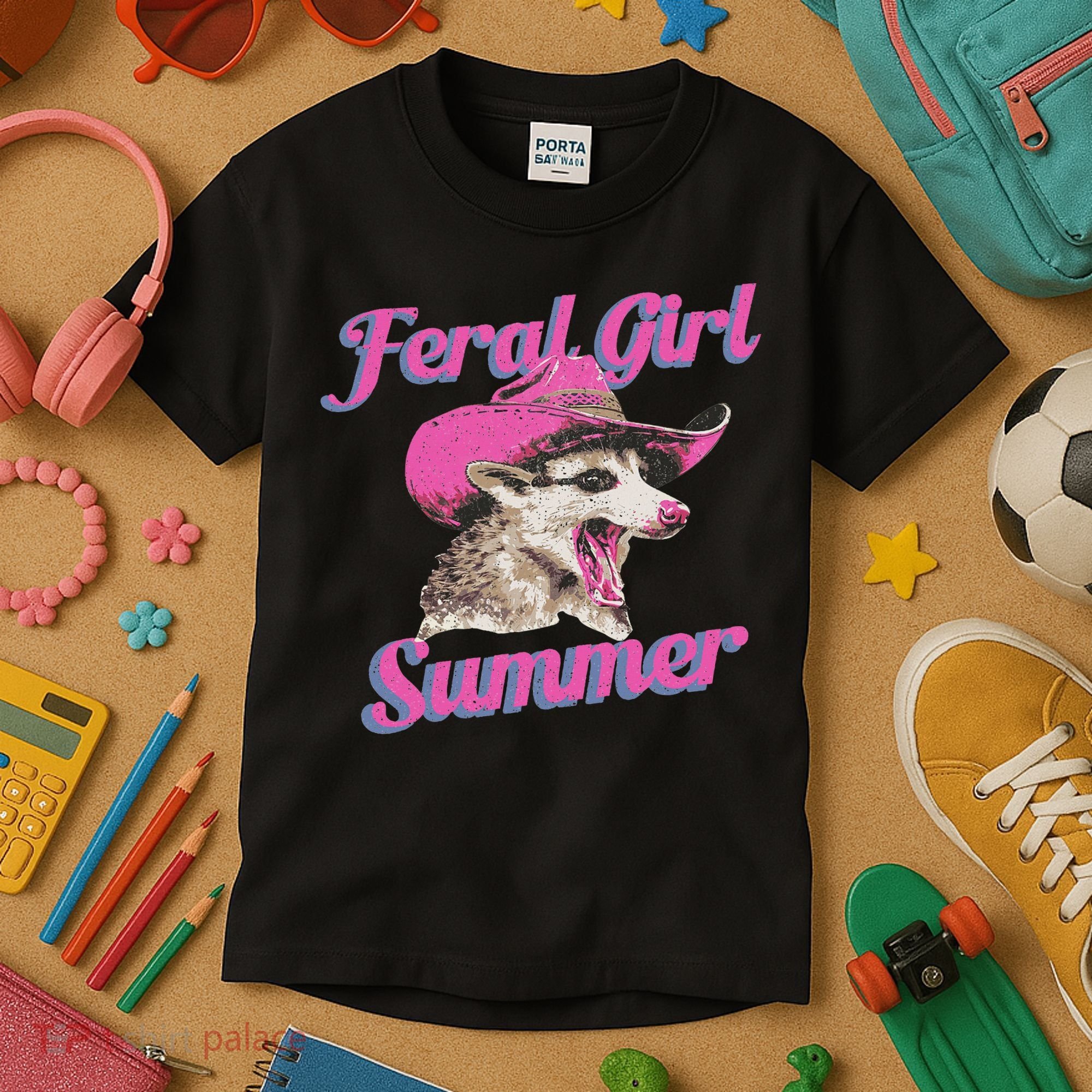 Feral Girl Summer Retro Possum Funny Meme Kids T-Shirt
