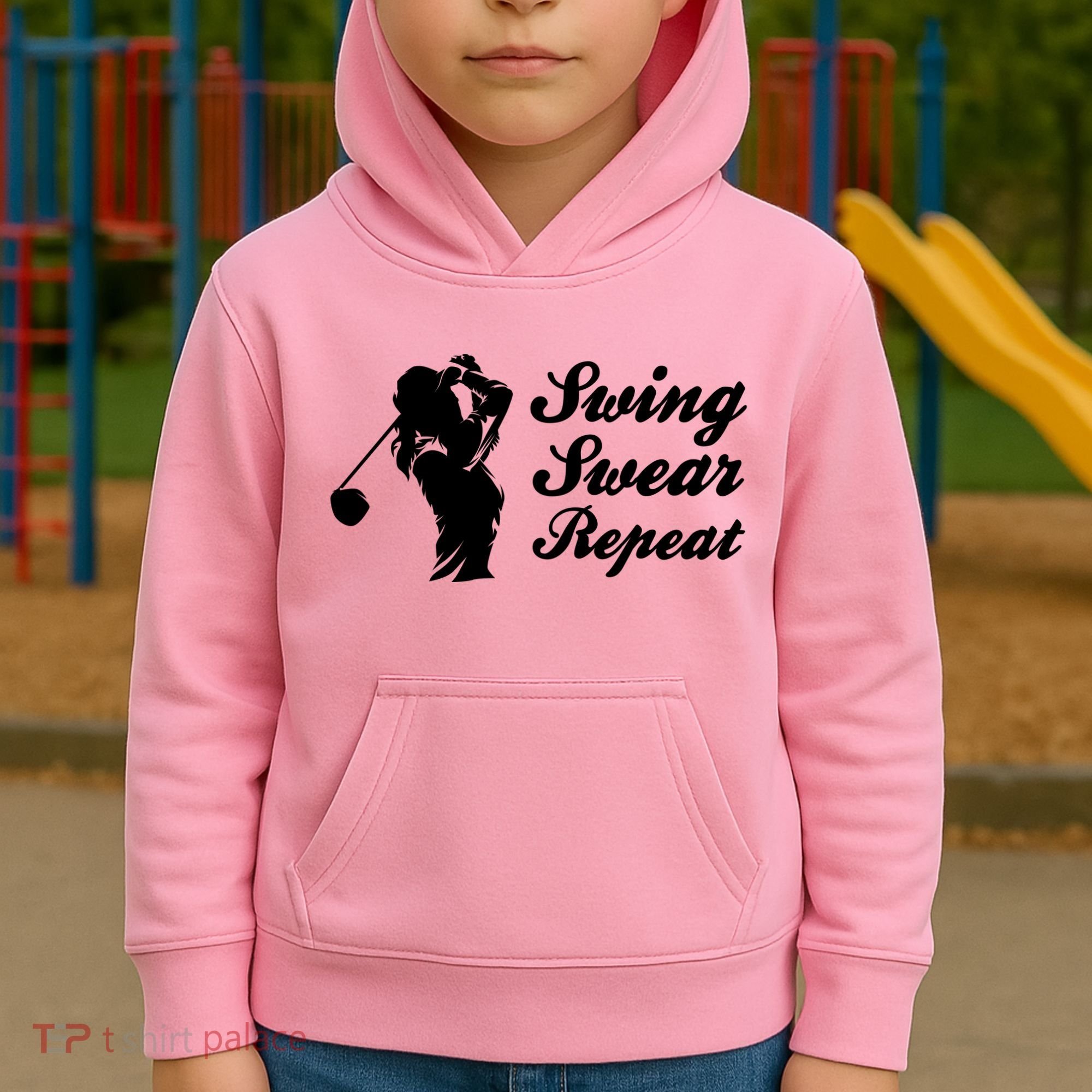 Funny Golf Swing Swear Repeat Female Golfer Version Kids Hoodie