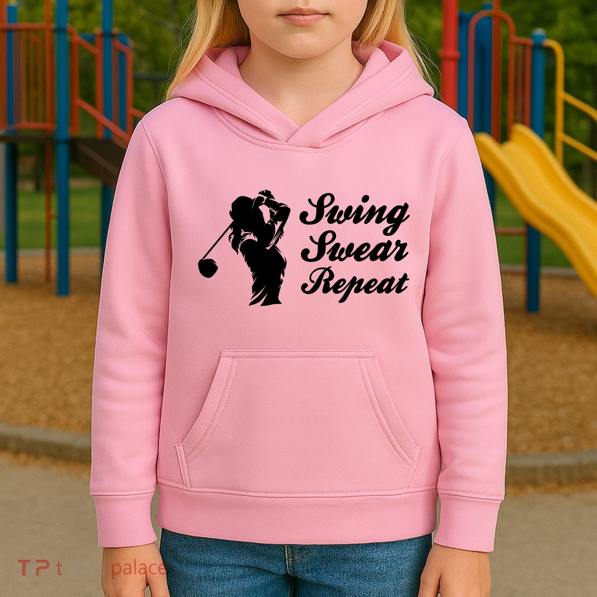 Funny Golf Swing Swear Repeat Female Golfer Version Kids Hoodie