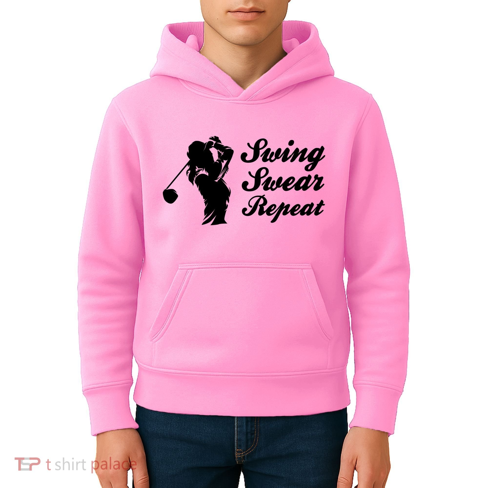 Funny Golf Swing Swear Repeat Female Golfer Version Kids Hoodie