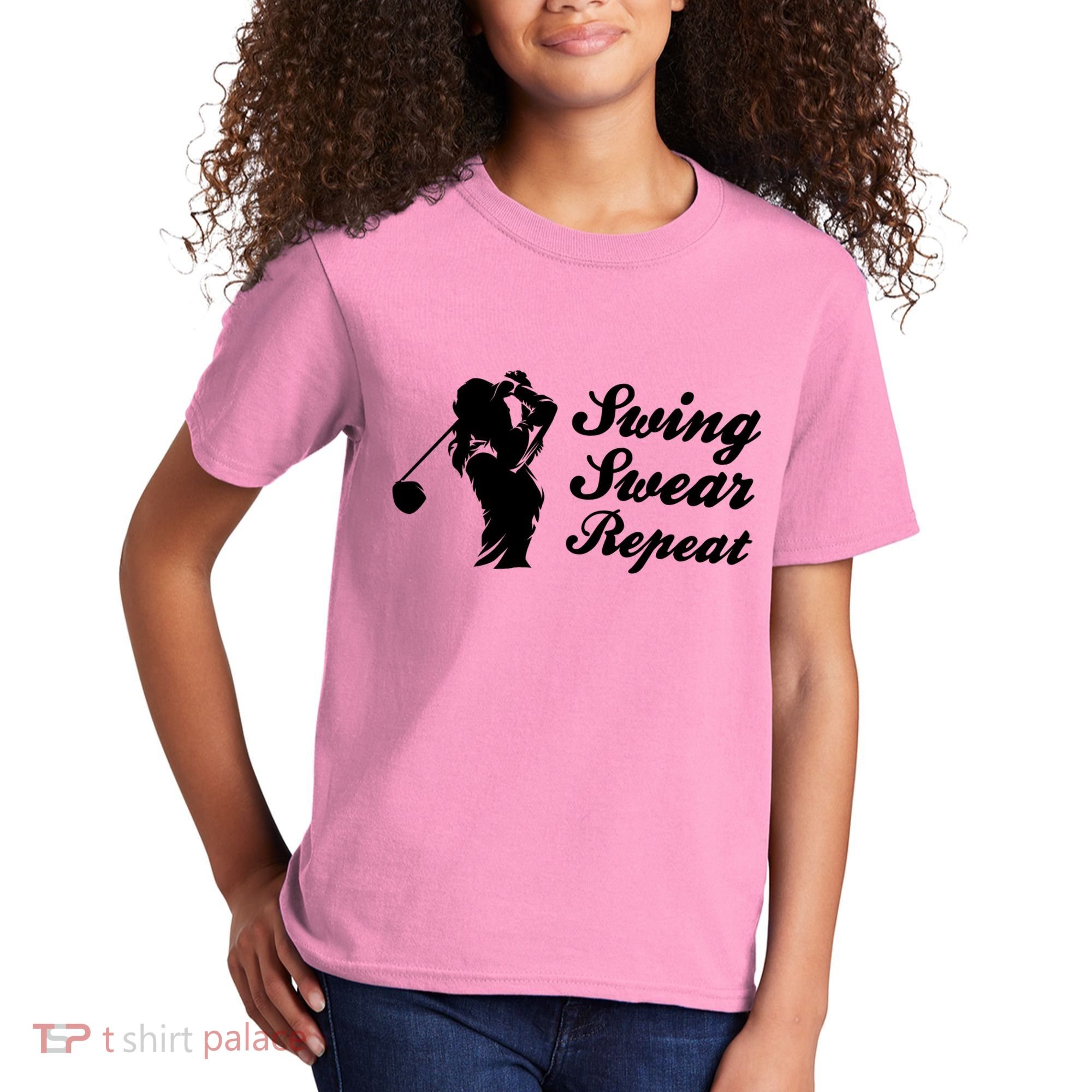 Funny Golf Swing Swear Repeat Female Golfer Version Kids T-Shirt