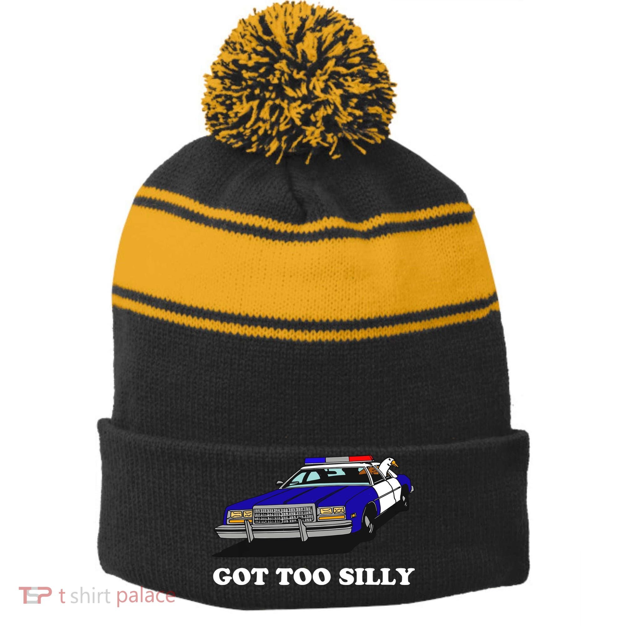 Funny Got Too Silly Goose Stripe Pom Pom Beanie