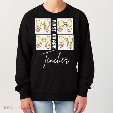 First Grade Teacher Checkered Grid Coquette Bow Women's Sweatshirt