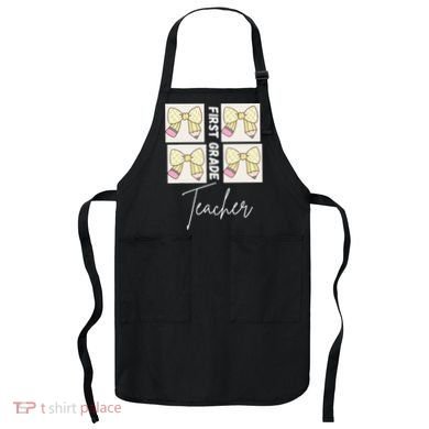 First Grade Teacher Checkered Grid Coquette Bow Apron
