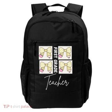 First Grade Teacher Checkered Grid Coquette Bow Backpack