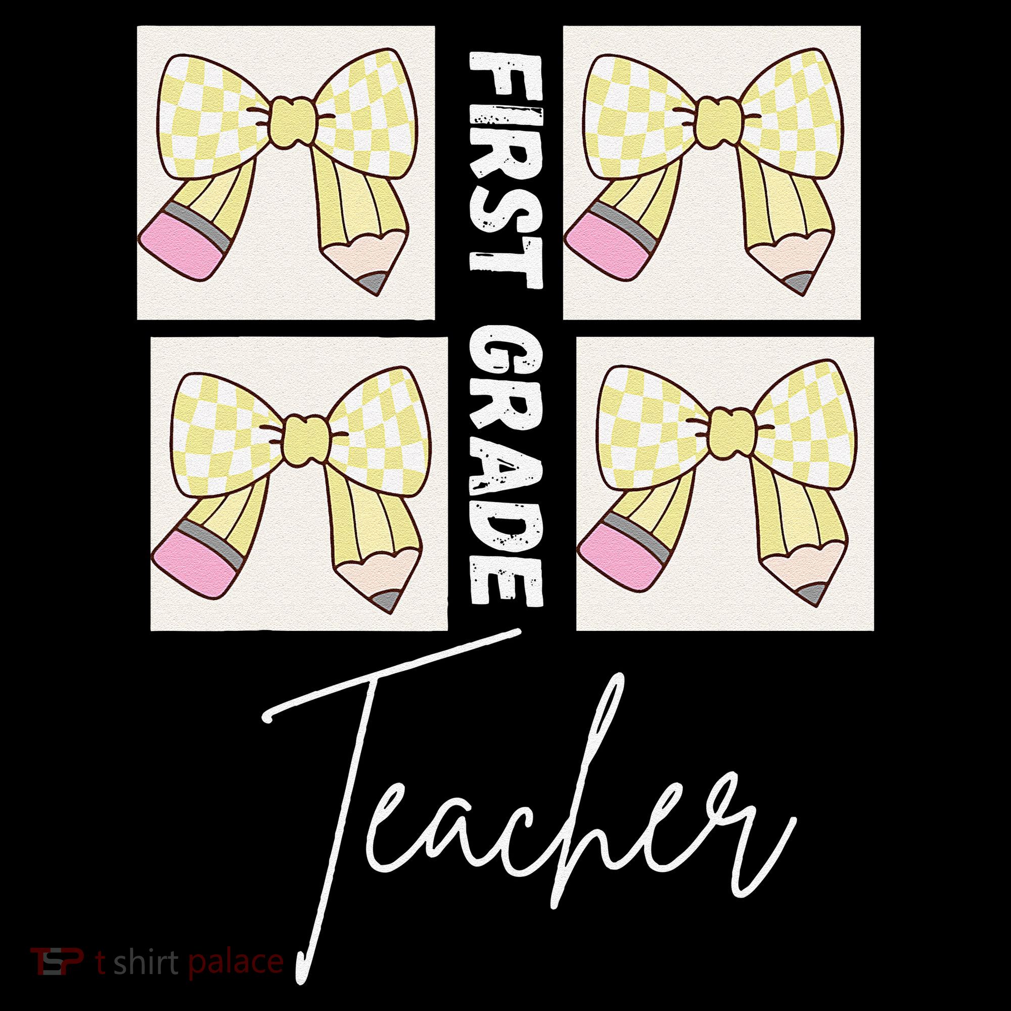 First Grade Teacher Checkered Grid Coquette Bow Bucket Hat