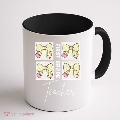 First Grade Teacher Checkered Grid Coquette Bow Coffee Mug back