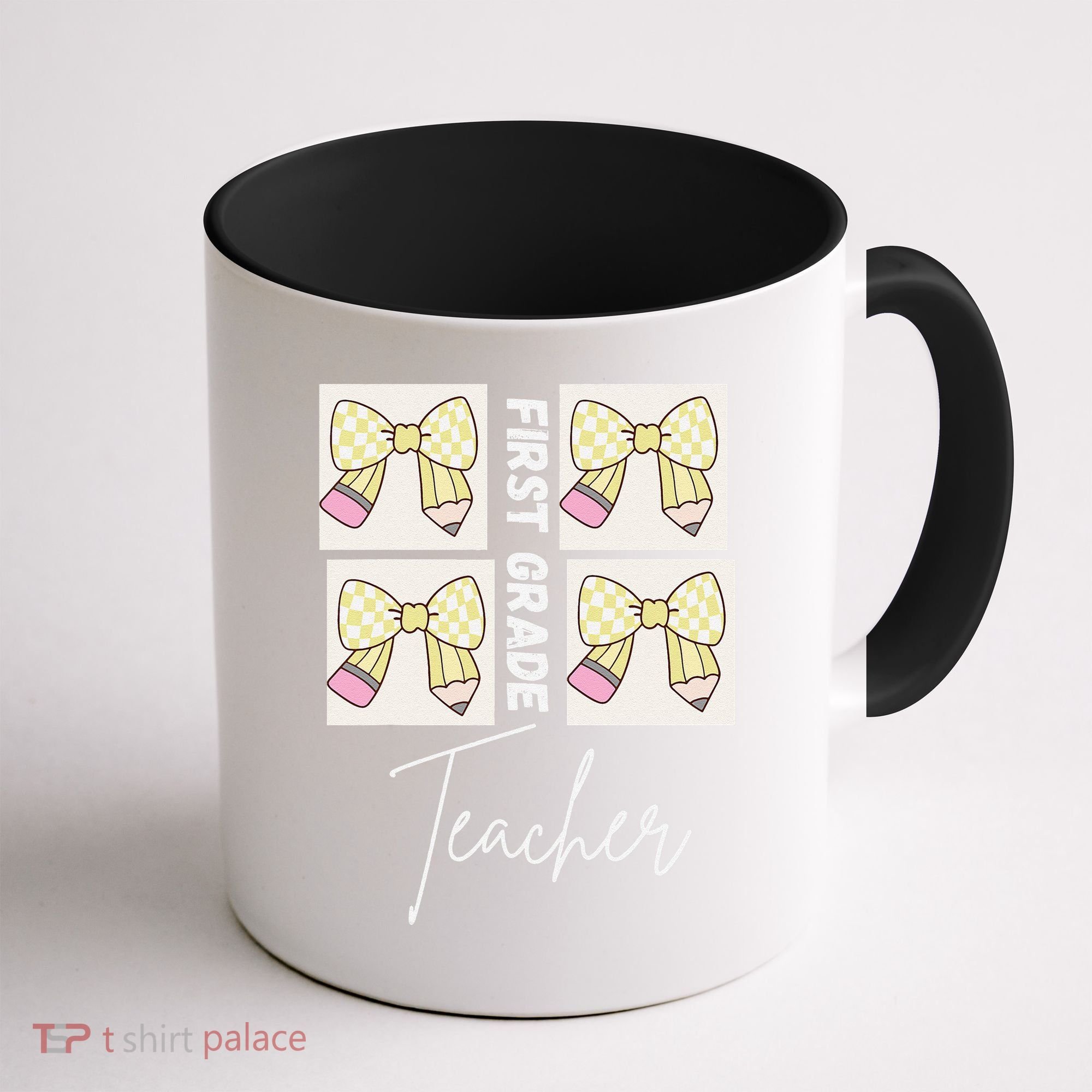 First Grade Teacher Checkered Grid Coquette Bow Coffee Mug