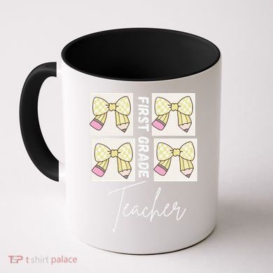 First Grade Teacher Checkered Grid Coquette Bow Coffee Mug