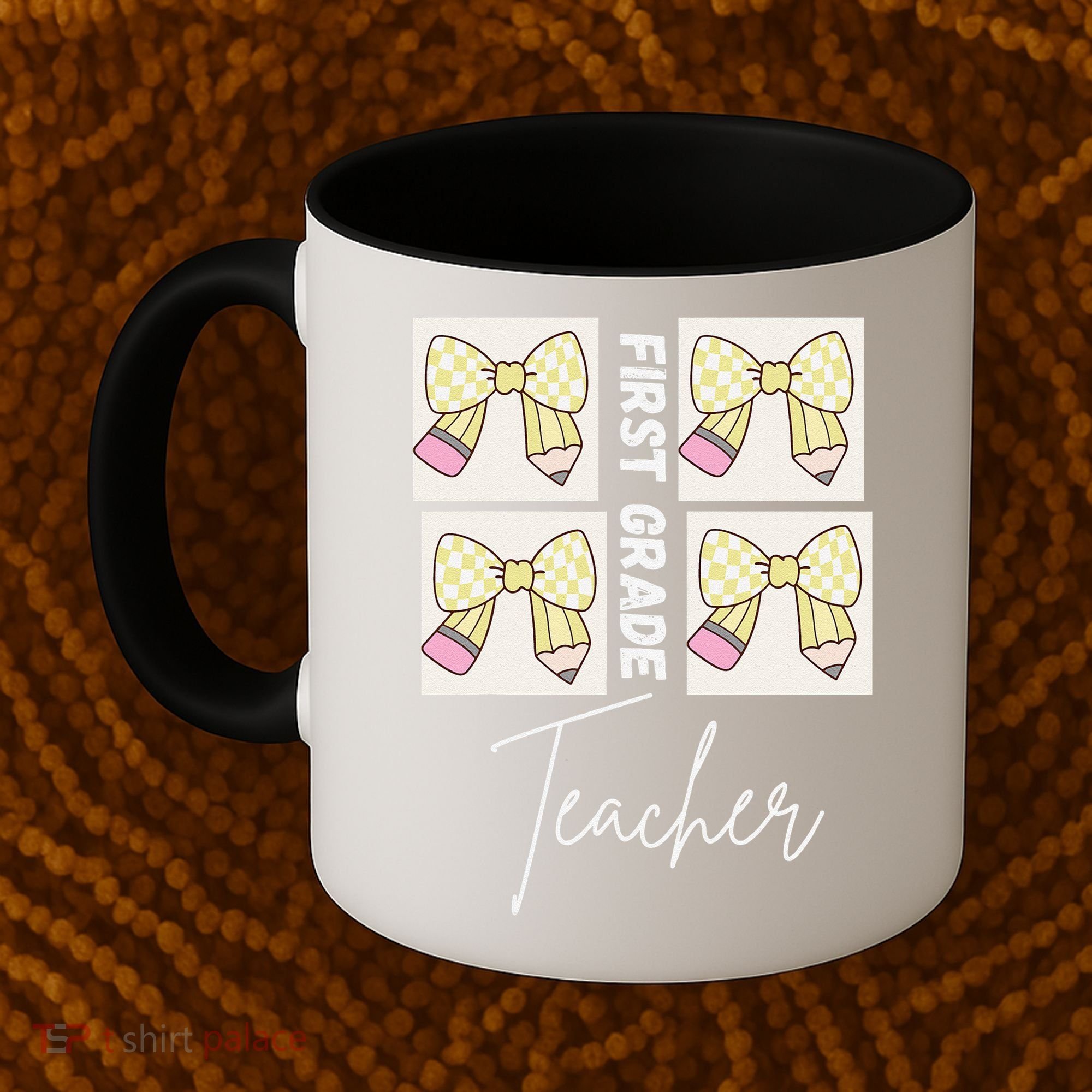 First Grade Teacher Checkered Grid Coquette Bow Coffee Mug