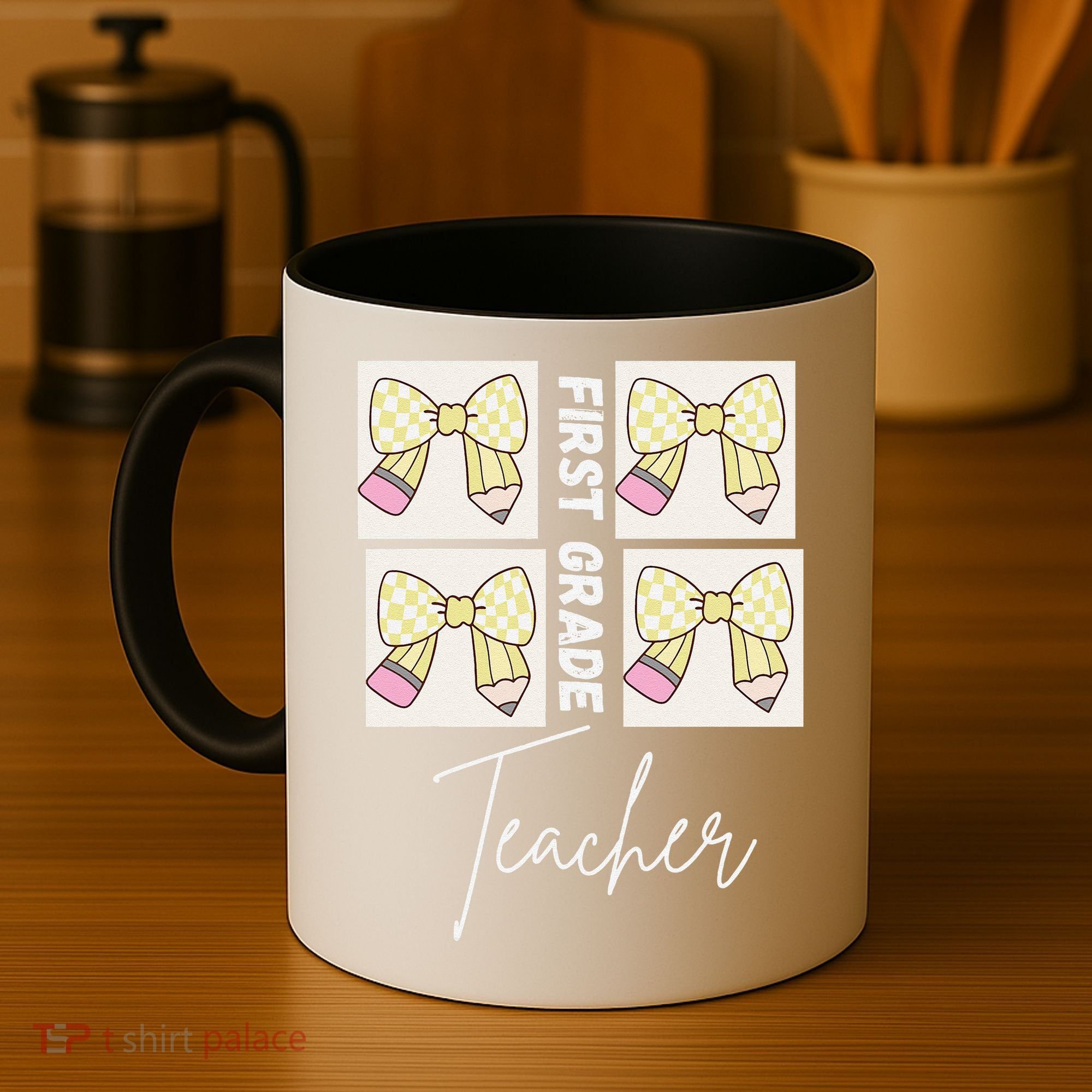 First Grade Teacher Checkered Grid Coquette Bow Coffee Mug