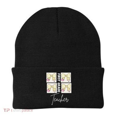 First Grade Teacher Checkered Grid Coquette Bow Beanie