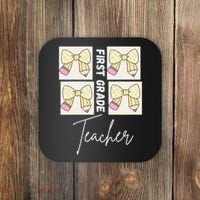 First Grade Teacher Checkered Grid Coquette Bow Coaster thumb 0