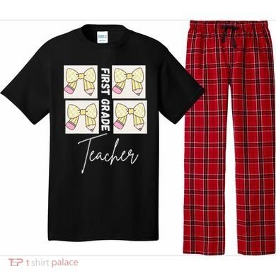 First Grade Teacher Checkered Grid Coquette Bow Pajama Set