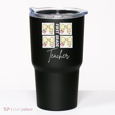 First Grade Teacher Checkered Grid Coquette Bow Tumbler