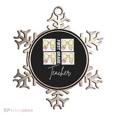 First Grade Teacher Checkered Grid Coquette Bow Ornament