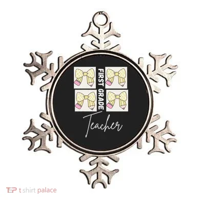 First Grade Teacher Checkered Grid Coquette Bow Ornament