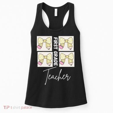First Grade Teacher Checkered Grid Coquette Bow Women's Tank Top