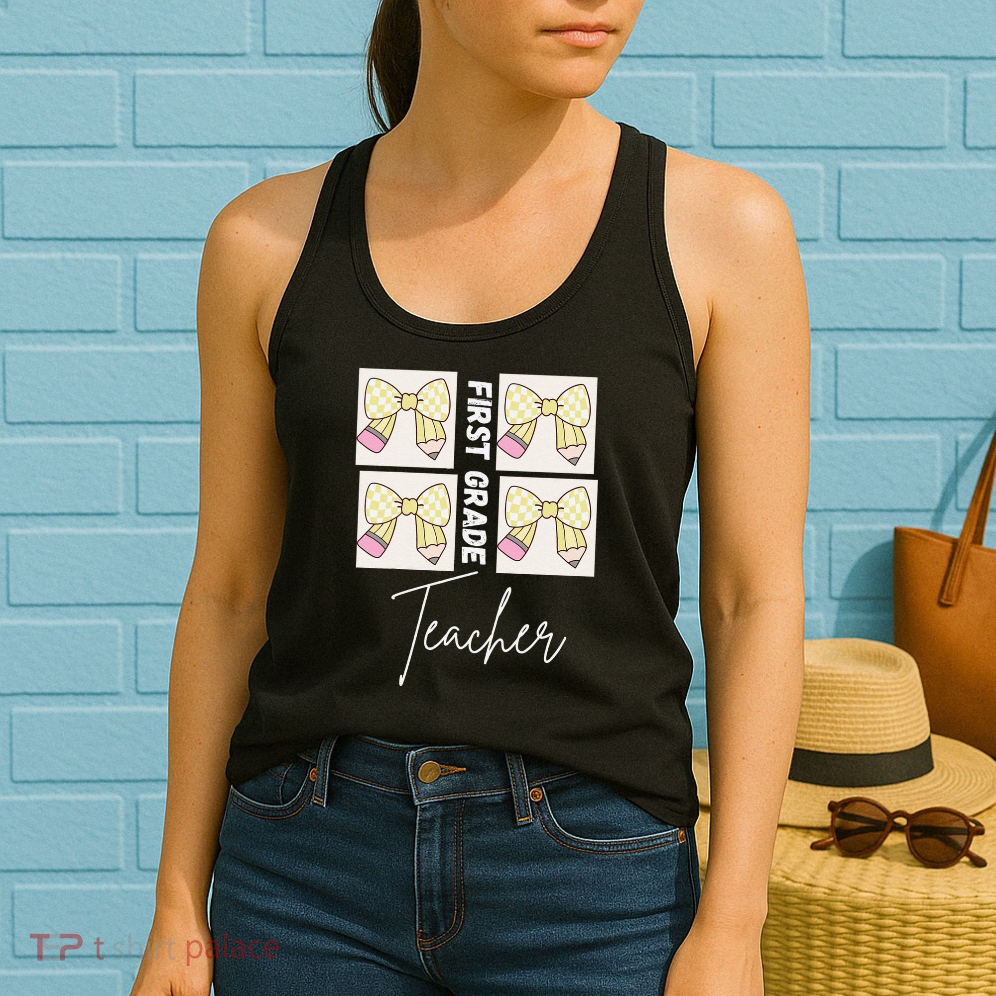First Grade Teacher Checkered Grid Coquette Bow Women's Tank Top