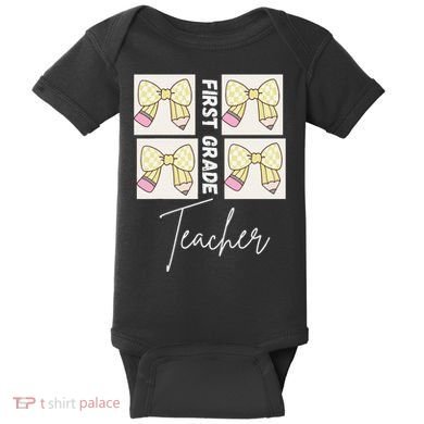 First Grade Teacher Checkered Grid Coquette Bow Baby Bodysuit