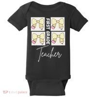 First Grade Teacher Checkered Grid Coquette Bow Baby Bodysuit thumb 0