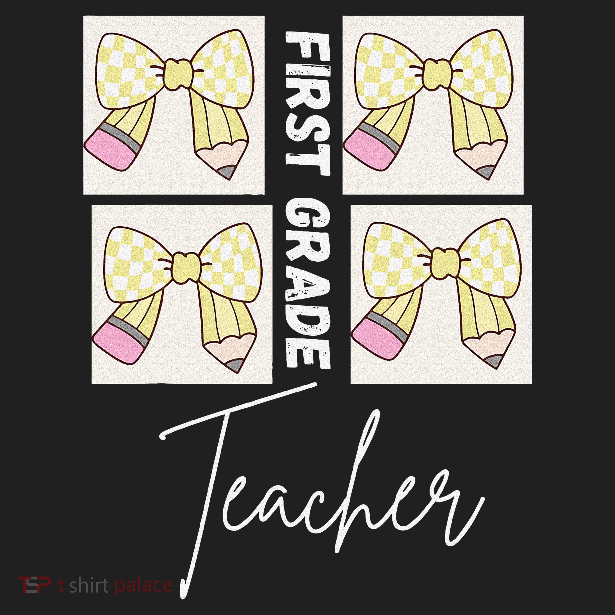 First Grade Teacher Checkered Grid Coquette Bow Hat