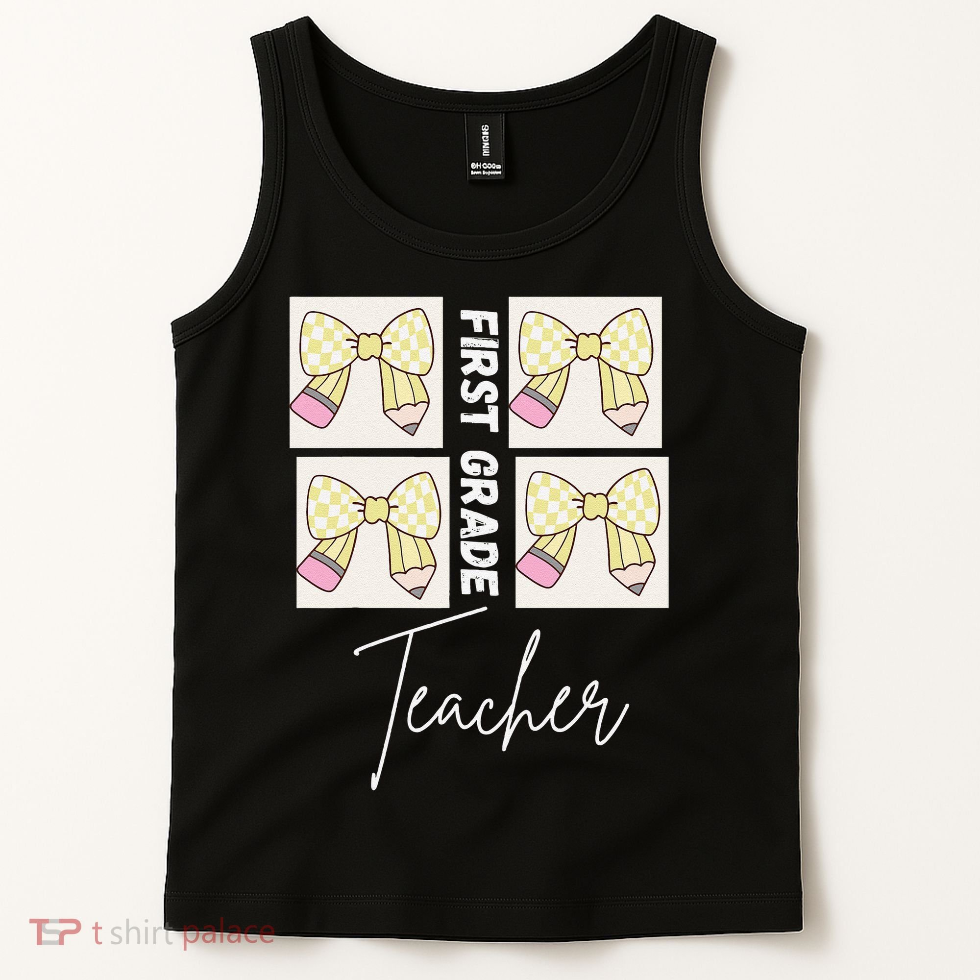 First Grade Teacher Checkered Grid Coquette Bow Tank Top