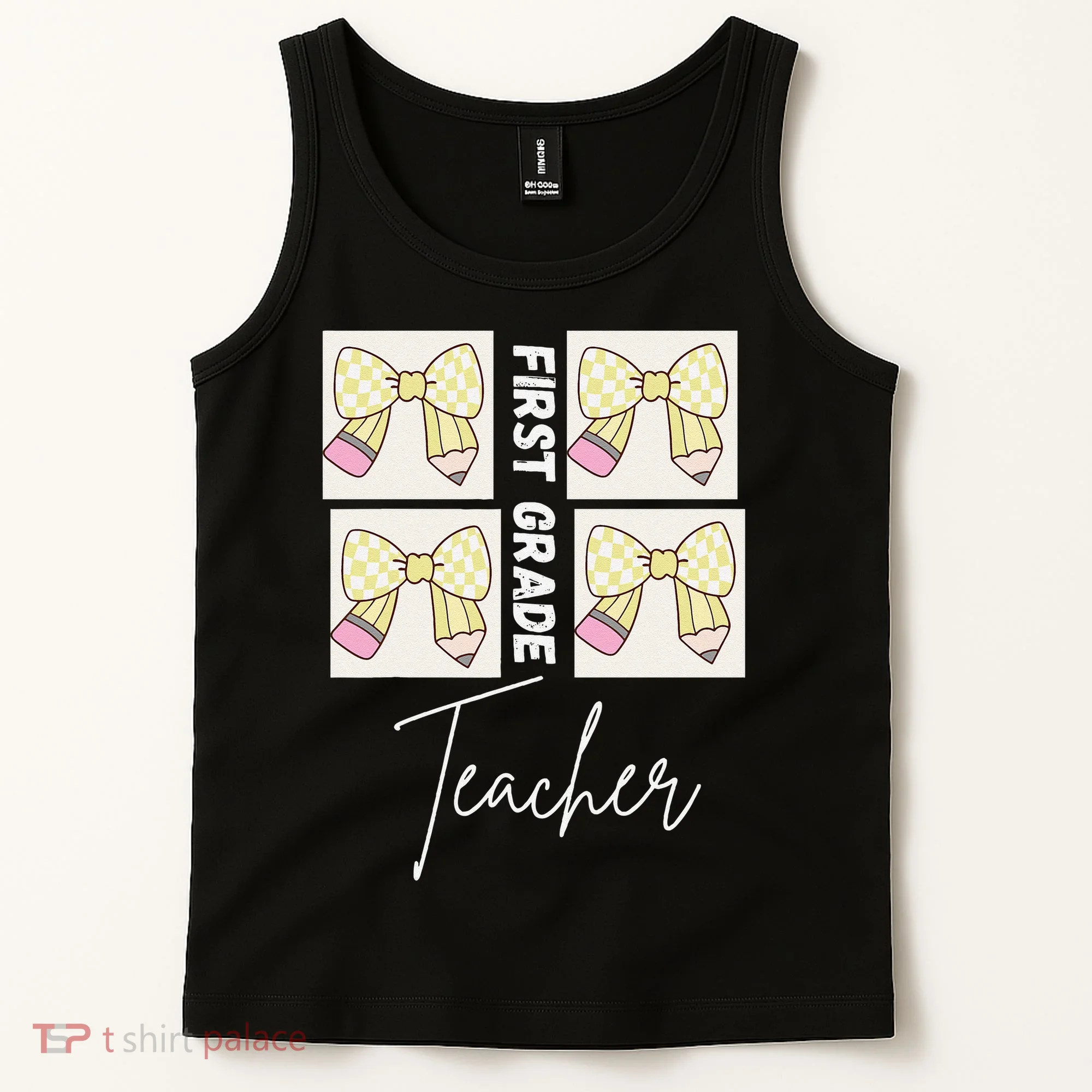 First Grade Teacher Checkered Grid Coquette Bow Tank Top