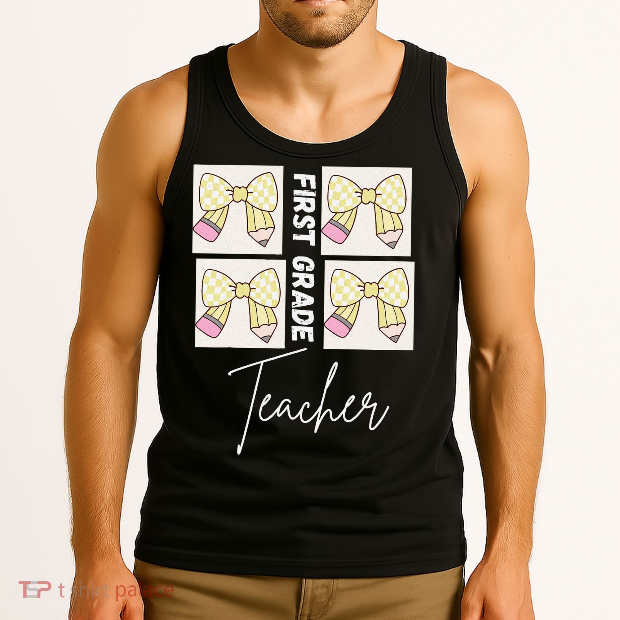 First Grade Teacher Checkered Grid Coquette Bow Tank Top