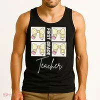 First Grade Teacher Checkered Grid Coquette Bow Tank Top thumb 3