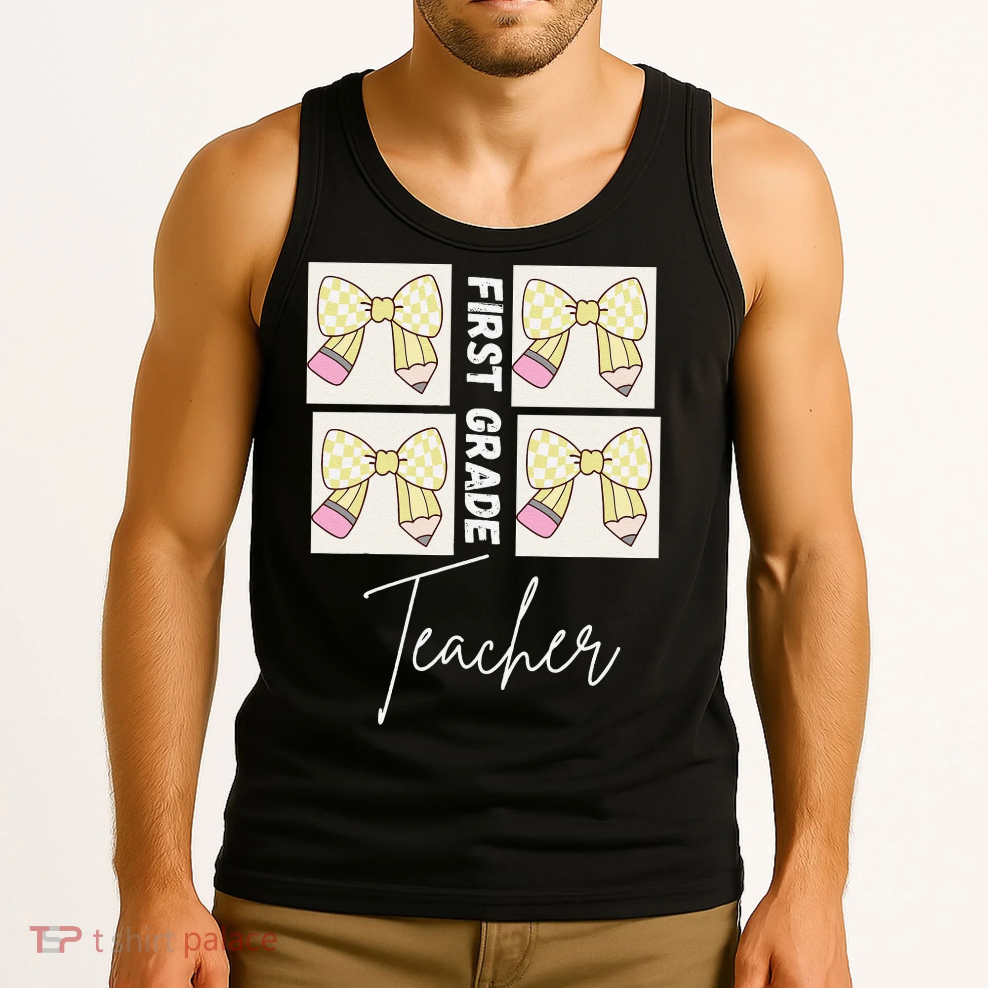 First Grade Teacher Checkered Grid Coquette Bow Tank Top