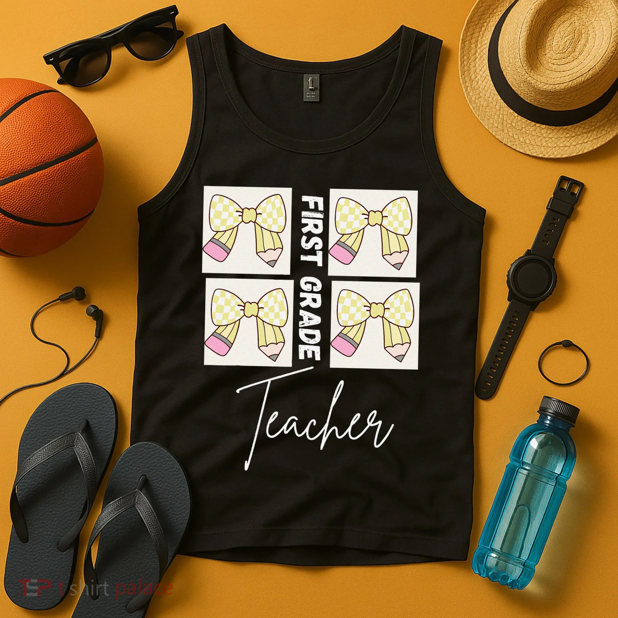 First Grade Teacher Checkered Grid Coquette Bow Tank Top