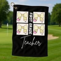 First Grade Teacher Checkered Grid Coquette Bow Golf Towel thumb 1