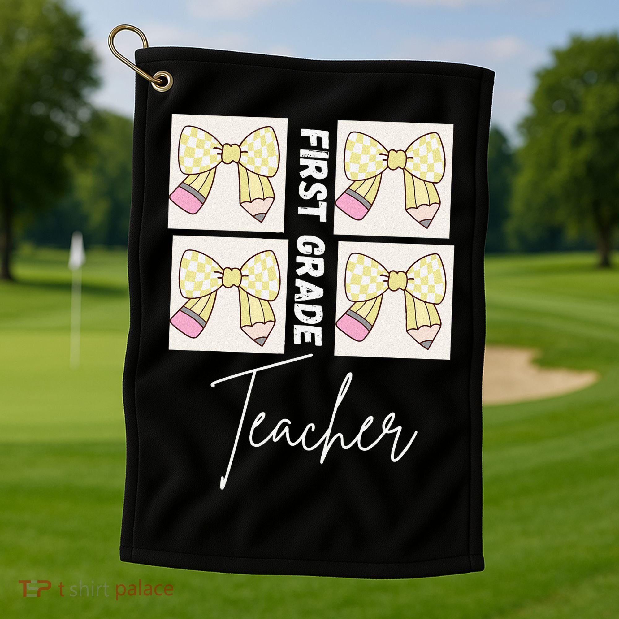 First Grade Teacher Checkered Grid Coquette Bow Golf Towel