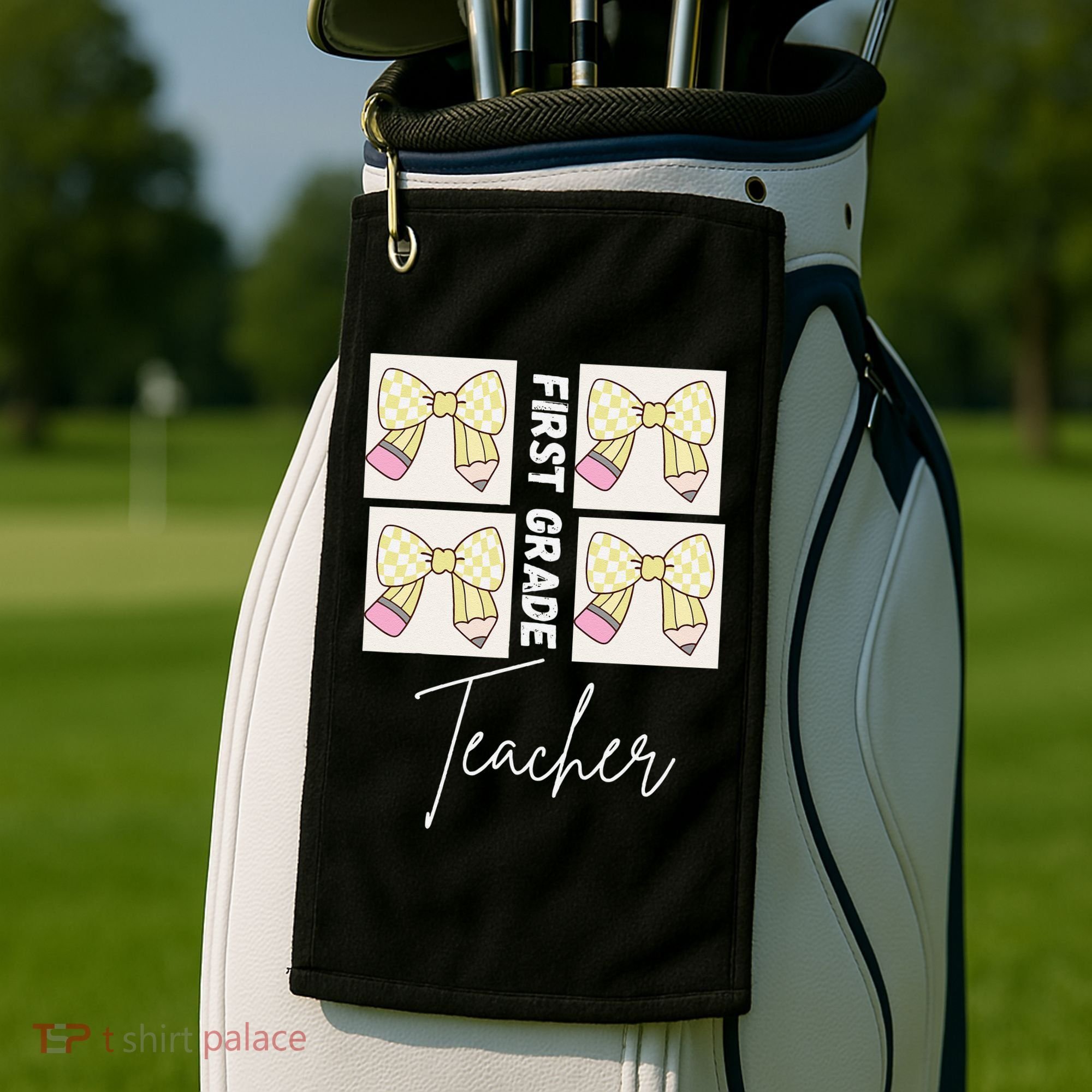 First Grade Teacher Checkered Grid Coquette Bow Golf Towel