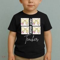 First Grade Teacher Checkered Grid Coquette Bow Toddler T-Shirt thumb 2