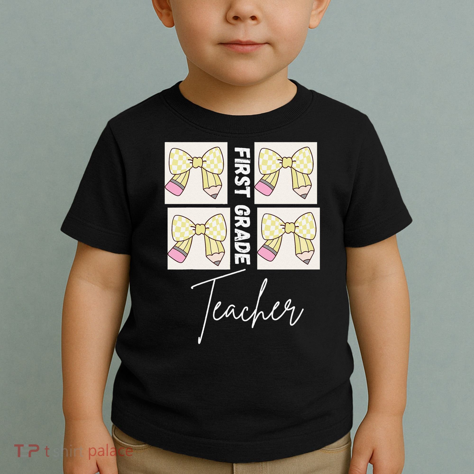 First Grade Teacher Checkered Grid Coquette Bow Toddler T-Shirt