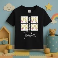 First Grade Teacher Checkered Grid Coquette Bow Toddler T-Shirt thumb 3