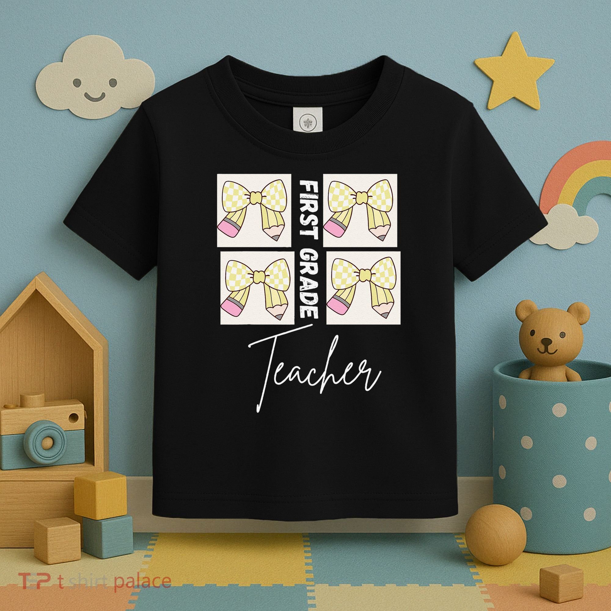 First Grade Teacher Checkered Grid Coquette Bow Toddler T-Shirt
