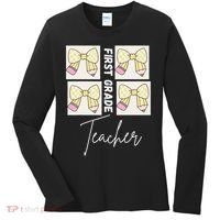 First Grade Teacher Checkered Grid Coquette Bow Women's Long Sleeve Shirt thumb 0