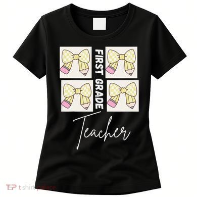 First Grade Teacher Checkered Grid Coquette Bow Women's T-Shirt