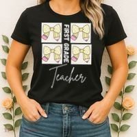 First Grade Teacher Checkered Grid Coquette Bow Women's T-Shirt thumb 2