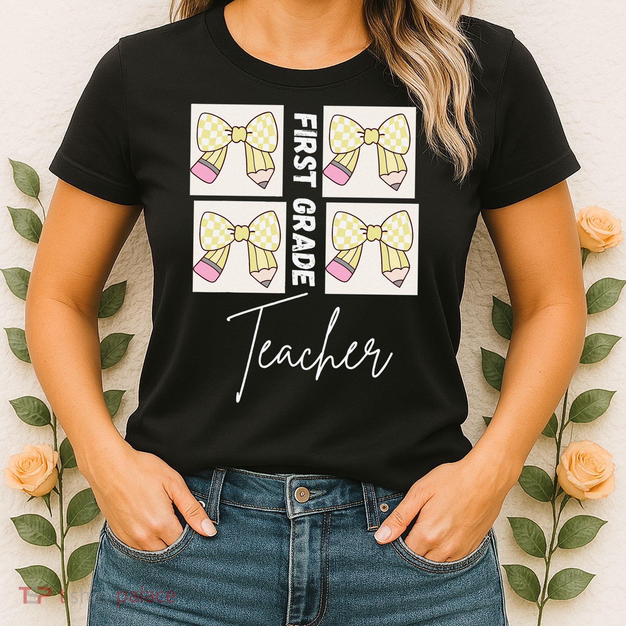 First Grade Teacher Checkered Grid Coquette Bow Women's T-Shirt