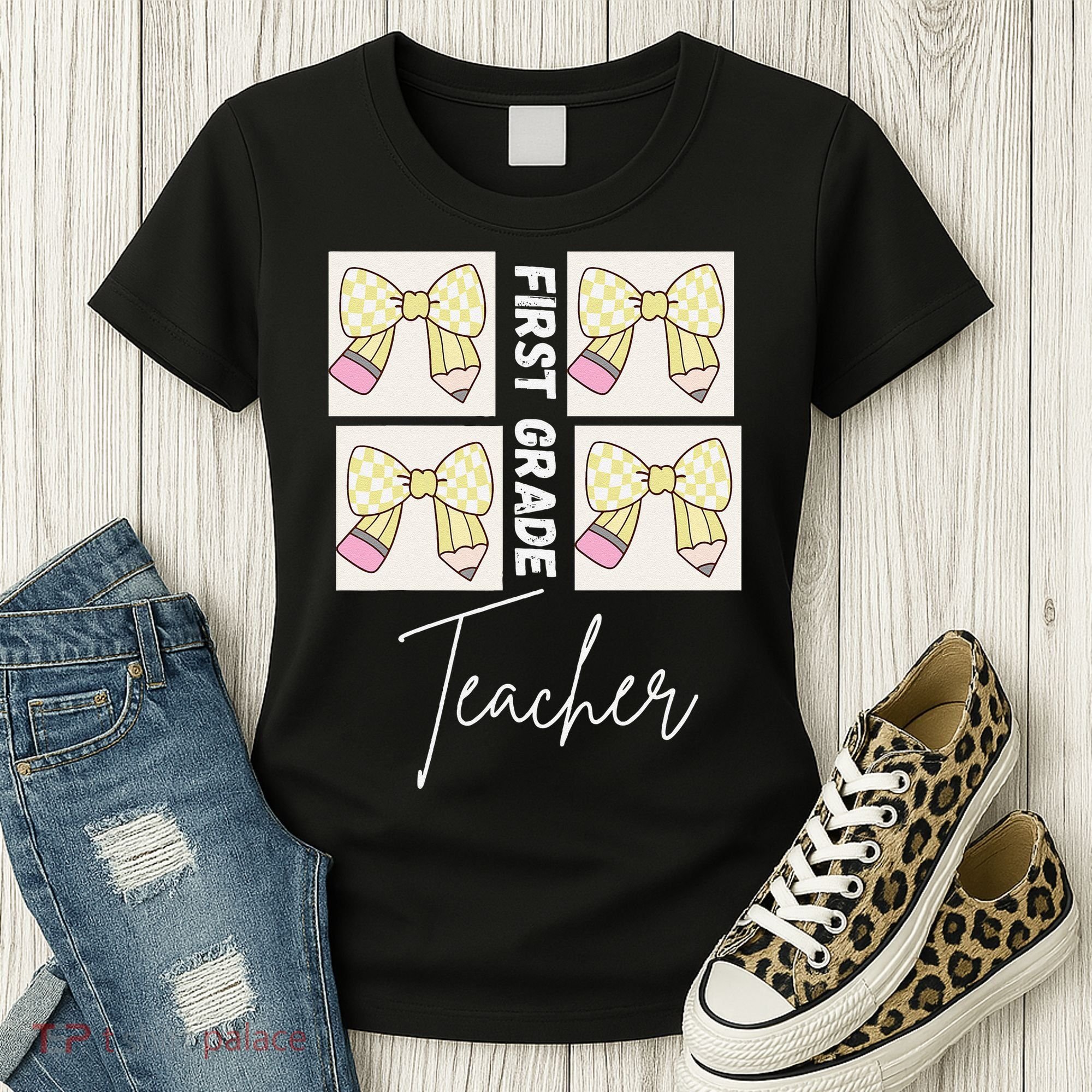 First Grade Teacher Checkered Grid Coquette Bow Women's T-Shirt