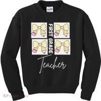 First Grade Teacher Checkered Grid Coquette Bow Kids Sweatshirt thumb 0